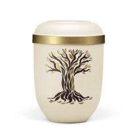 Naturstoffurne, Hell Beige Velours, Goldrand, Motiv: Herbstlicher Baum, Handbemalt