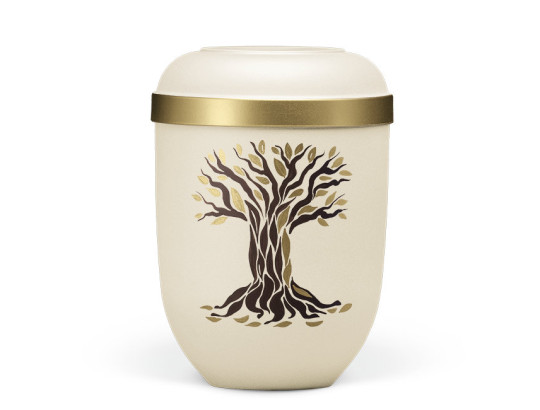 Naturstoffurne, Hell Beige Velours, Goldrand, Motiv: Herbstlicher Baum, Handbemalt
