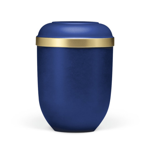 Eine saphirblaue Naturstoffurne mit goldfarbener Randverzierung, in runder Form und Gesamtansicht dargestellt.
