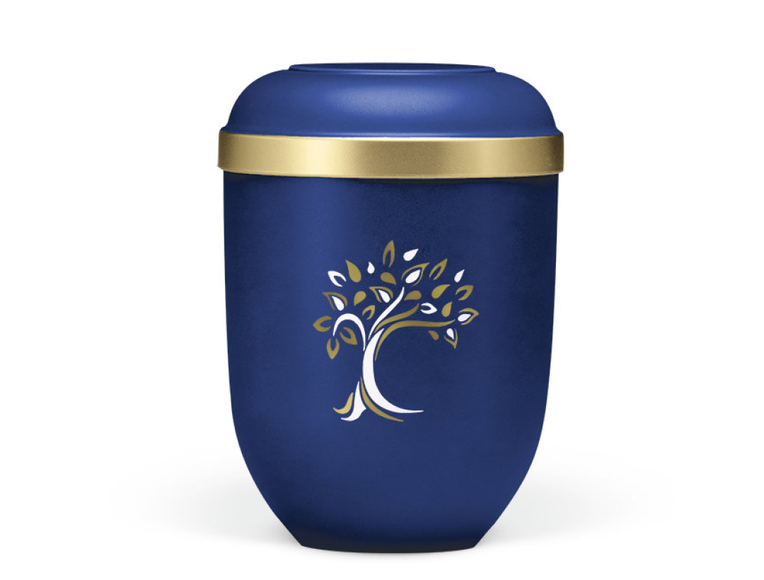 Naturstoffurne, Saphirblau Velours Goldrand, Baum ART-Dekor gold/weiß