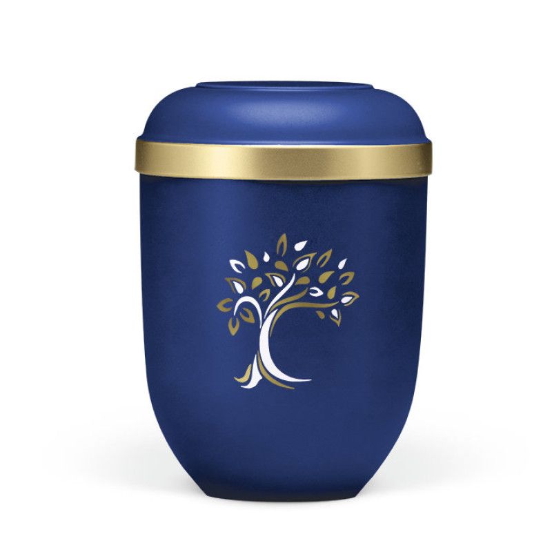 Naturstoffurne in saphirblauem Velours mit goldfarbigem Rand und gold-weißer Baum-Dekoration, Gesamtansicht, leicht konisch geformt.