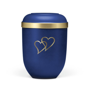 Naturstoffurne, Saphirblau Velours Goldrand, Herzen in gold