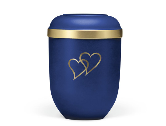 Naturstoffurne, Saphirblau Velours Goldrand, Herzen in gold