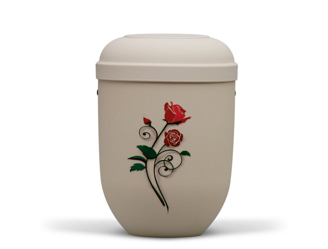 Naturstoffurne, Hell Beige Velours Motiv: Stielrose m. Airbrush abgesetzt