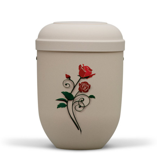 Naturstoffurne in hellbeige Velours mit einem Airbrush-Motiv einer Stielrose in Rot und Schwarz, Gesamtansicht mit runder Form und abgerundetem Deckel.
