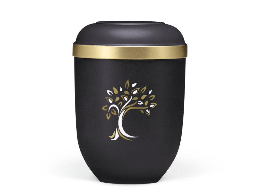 Naturstoffurne, Anthrazit Velours, Goldrand, Baum ART-Dekor gold/weiß
