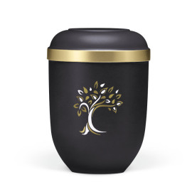 Naturstoffurne, Anthrazit Velours, Goldrand, Baum ART-Dekor gold/weiß