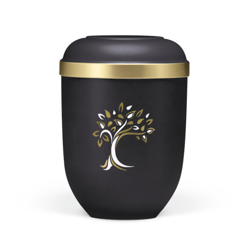 Naturstoffurne in anthrazit Velours mit goldfarbenem Rand und einem gold-weißen Baum-Dekor, in Gesamtansicht mit runder Form und mattem Finish.