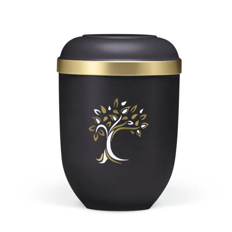 Naturstoffurne in anthrazit Velours mit goldfarbenem Rand und einem gold-weißen Baum-Dekor, in Gesamtansicht mit runder Form und mattem Finish.