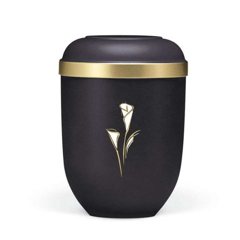 Die Naturstoffurne in Anthrazit Velours hat eine ovale Form, einen goldenen Rand und eine goldene Calla-Blume als Dekor.