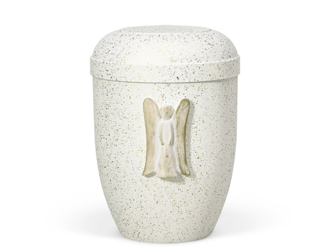 Naturstoffurne, Weiß Matt, Gold gesprenkelt, Engel Weiß/Gold