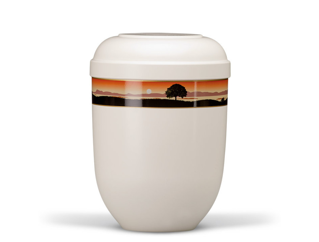 Naturstoffurne, Cremeweiß, Dekorband Motiv: Landschaft