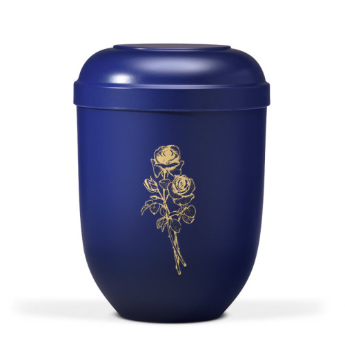 Eine naturstoffurne in Nachtblau mit einer goldenen Rosenabbildung, rundlich geformt und mit einem passenden Deckel.