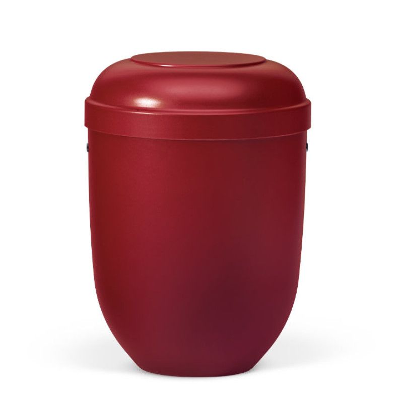 Eine weinrote, matte Naturstoffurne mit runder Form und einem flachen Deckel, die eine Gesamtansicht des Produkts zeigt.