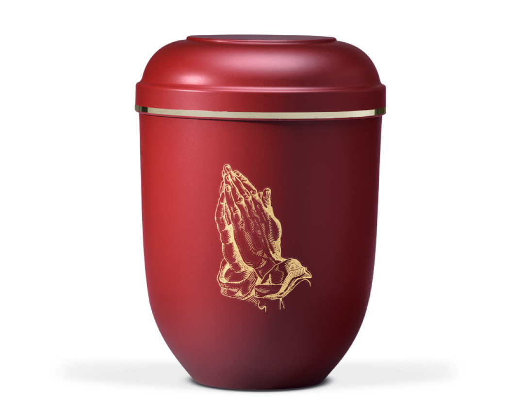 Naturstoffurne, Weinrot Matt Dürer Betende Hände, Goldband