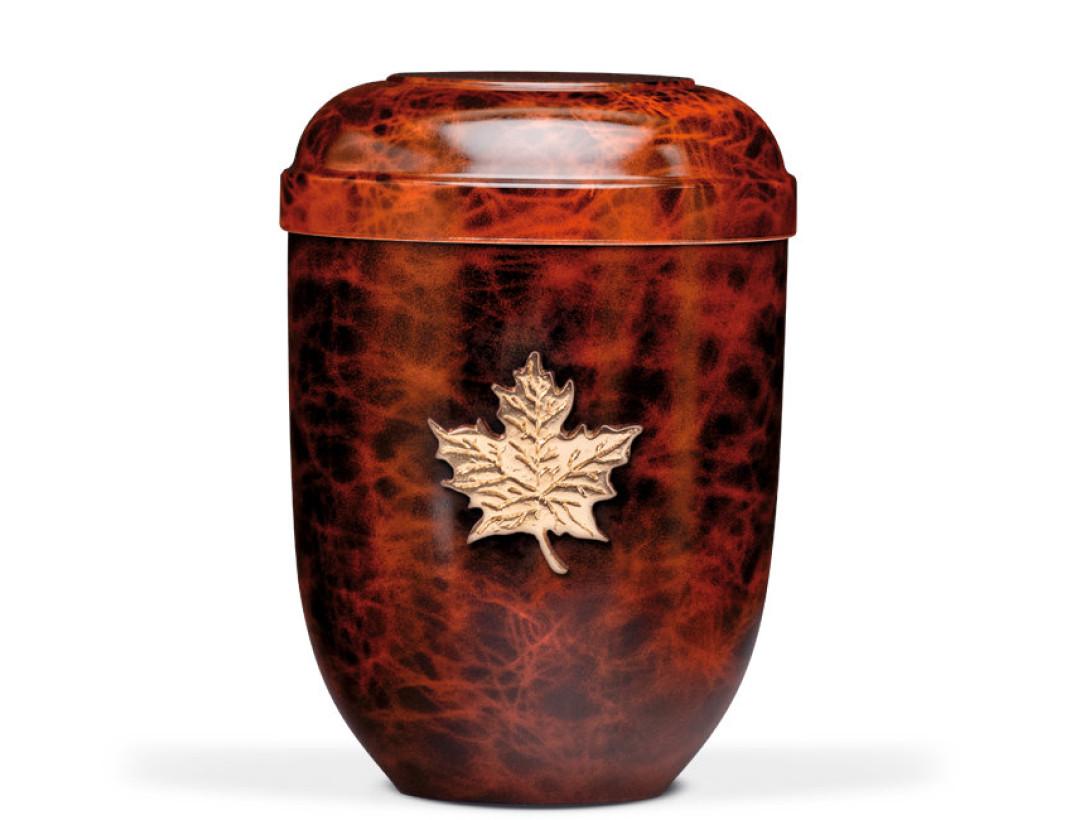 Naturstoffurne, Wurzelholzdesign Messing Ahornblatt