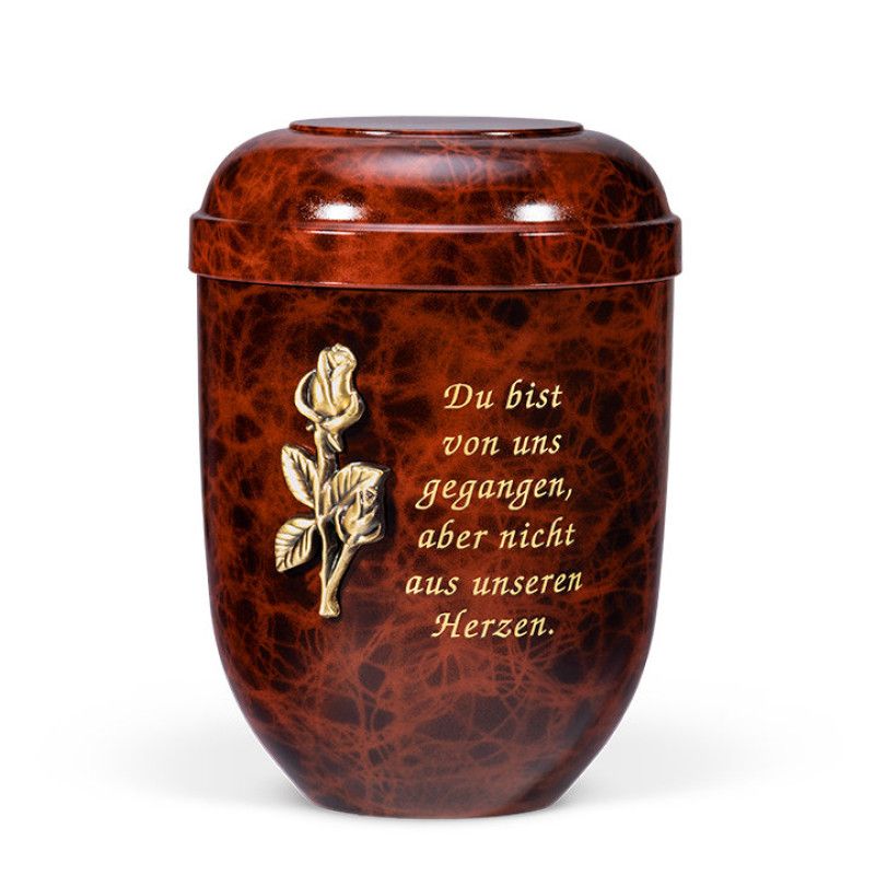 Naturstoffurne in Wurzelholzdesign mit einer bronzefarbenen Rosenzweig-Relief und eingraviertem Text, Gesamtansicht in dunklem Braun.