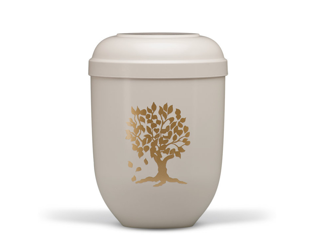 Naturstoffurne, Cremeweiß, Lebensbaum goldfarbig