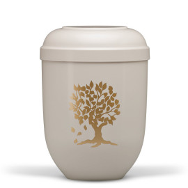 Naturstoffurne, Cremeweiß, Lebensbaum goldfarbig