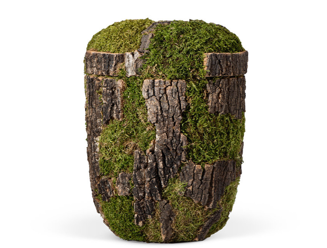Naturstoffurne, Korkeiche Baum-Optik Rinde u. Moos in Handarbeit aufgebracht