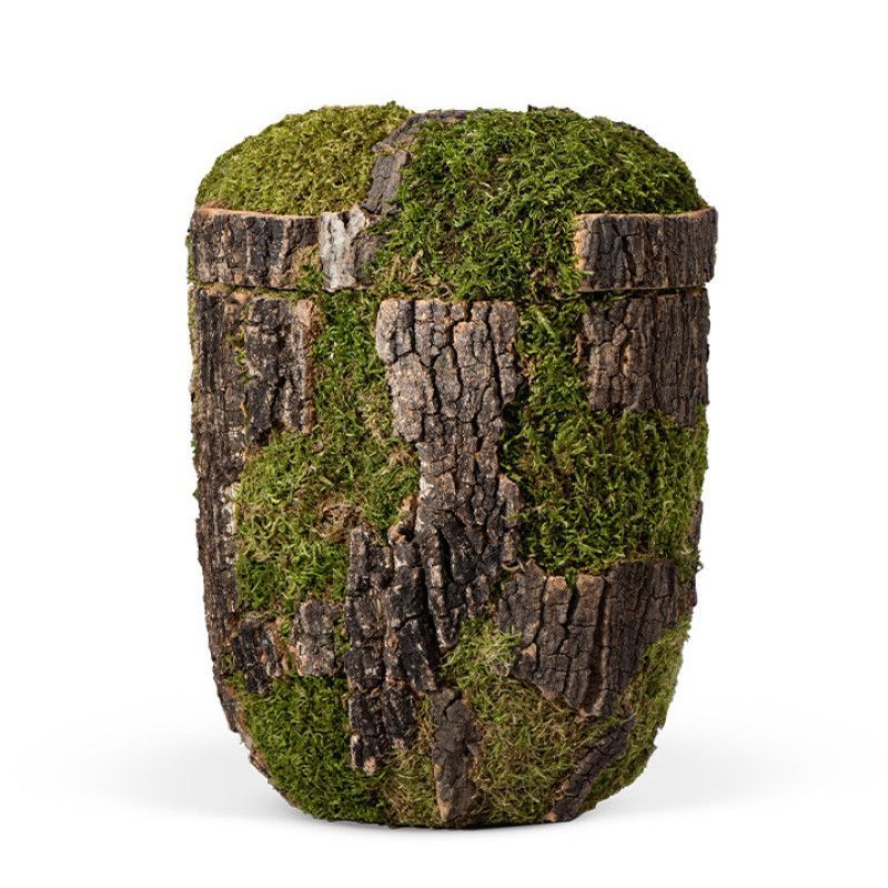 Naturstoffurne in Baum-Optik, gefertigt aus Korkeiche, mit handaufgebrachter Rinde und Moos, zeigt eine detailreiche, natürliche Oberfläche in Erdtönen.