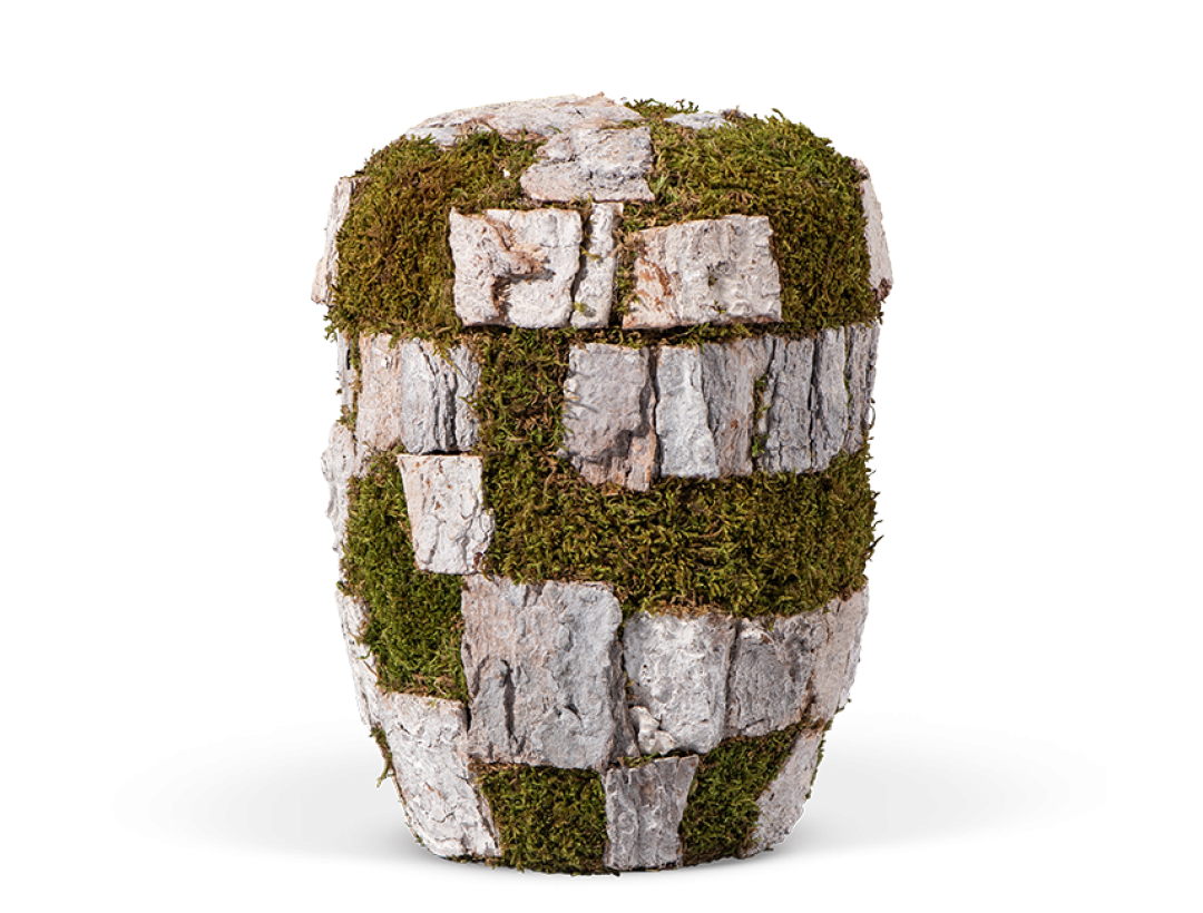 Naturstoffurne, Korkeiche, Rinde gebleicht, Baumoptik, mit Moos, Rinde u. Moos in Handarbeit aufgebracht