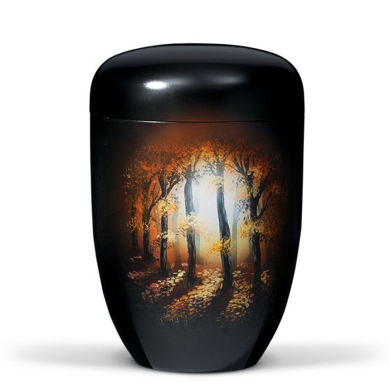 Naturstoffurne, Schwarz, Handbemalt Waldlichtung