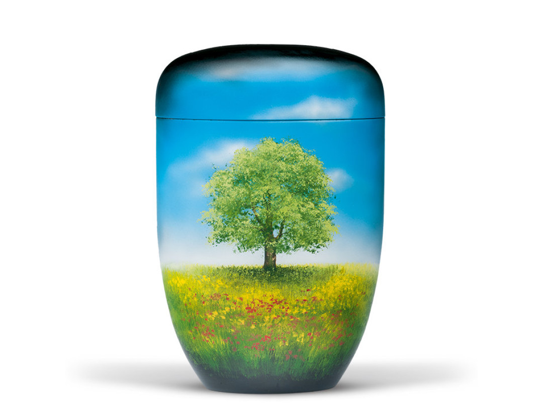 Naturstoffurne, Schwarz, Airbrush, Baum im Blumenfeld