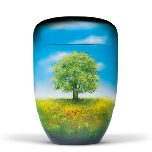 Naturstoffurne, Schwarz, Airbrush, Baum im Blumenfeld