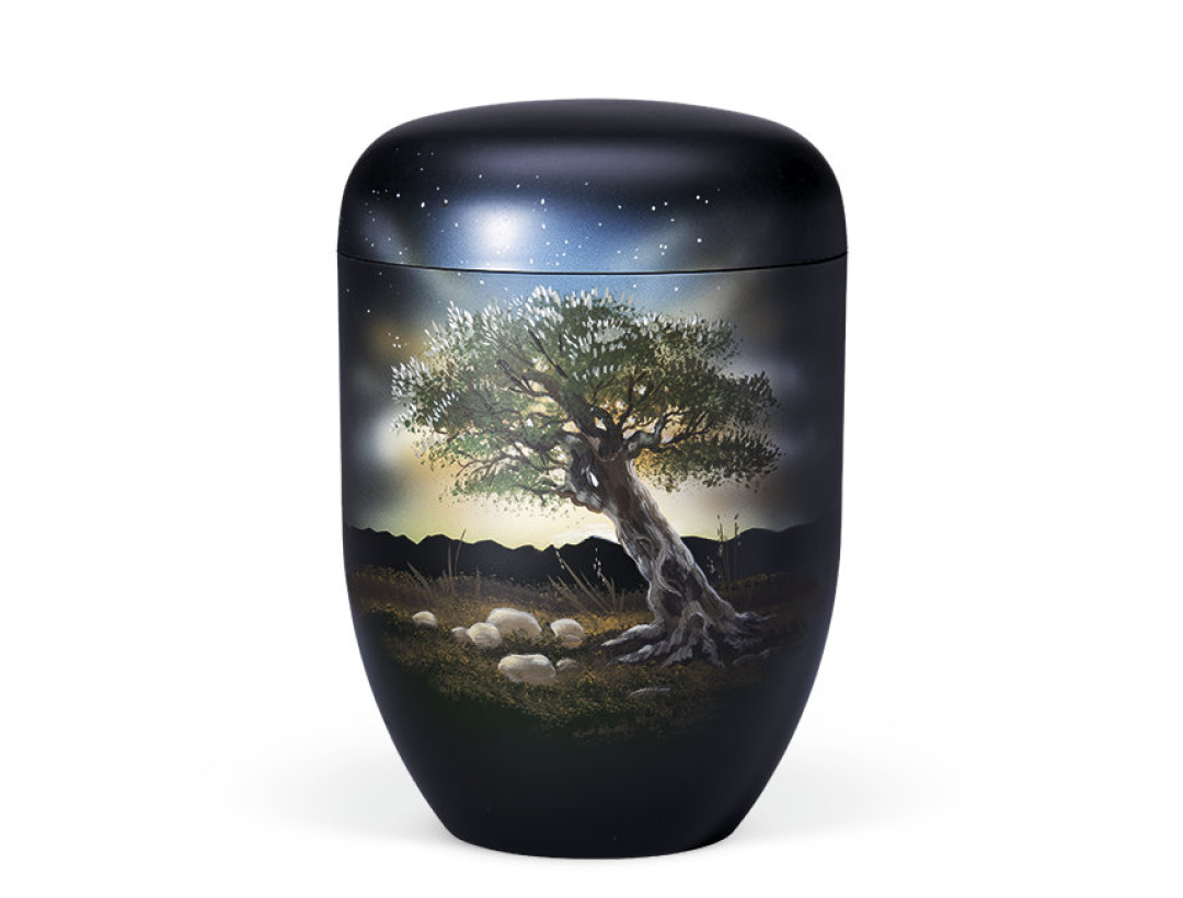 Naturstoffurne, Schwarz, Motiv: Olivenbaum, Handbemalt