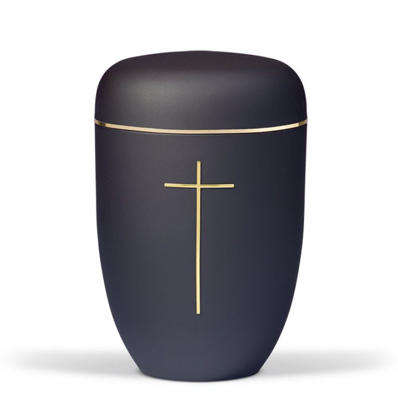 Die Naturstoffurne in Anthrazit mit Velours-Oberfläche hat eine ovale Form, einen goldenen Streifen und ein Kreuz als dekoratives Element.