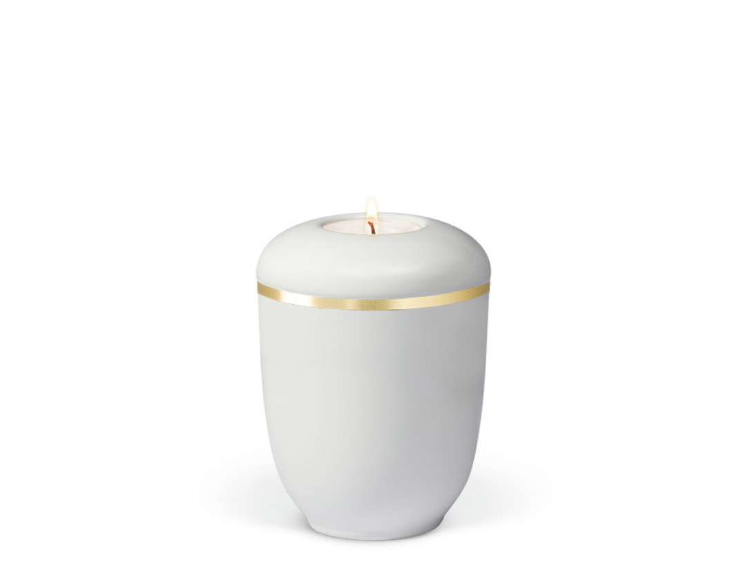 Keramikurne, Cremeweiß Goldband gebürstet Gedenkurne mit Teelicht