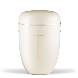 Naturstoffurne, Cremeweiß Stripdomekreuz u. Goldband
