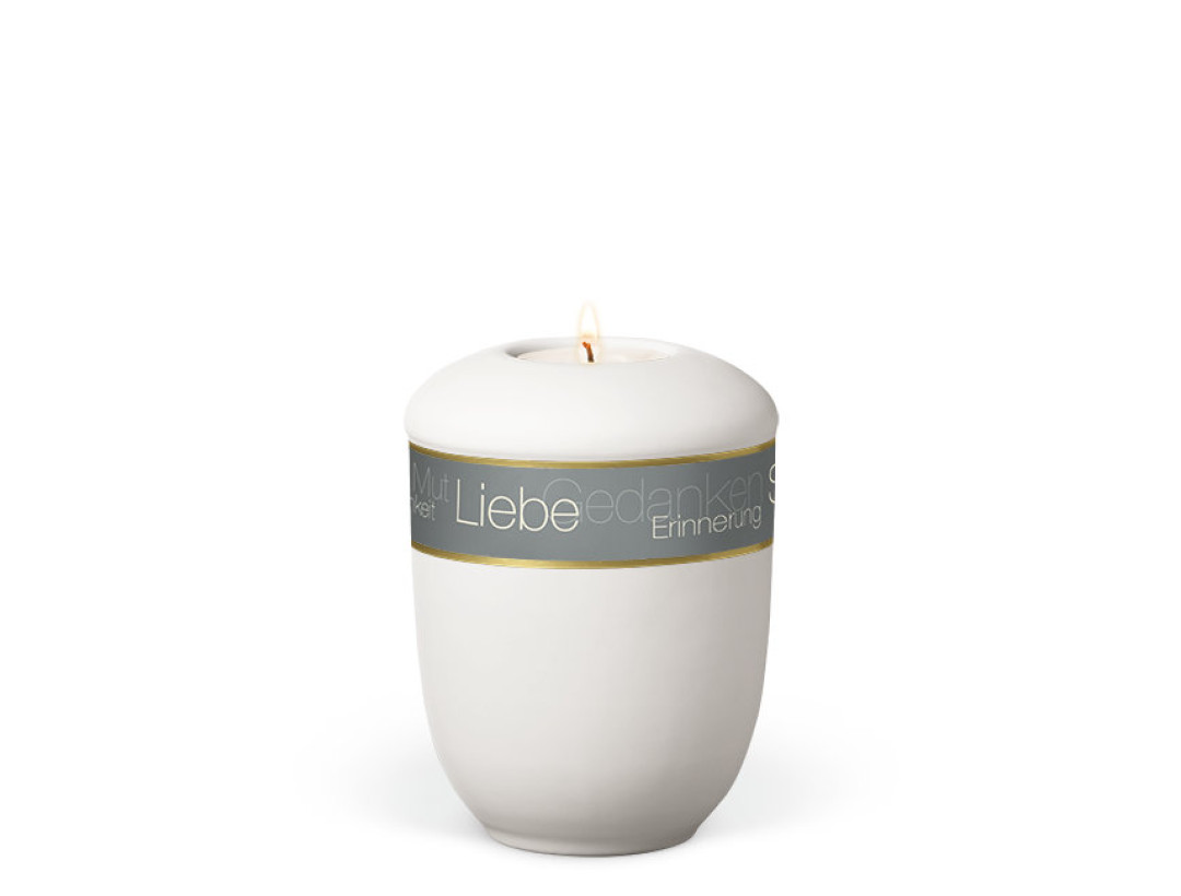 Keramikurne, Cremeweiß Trauergedanken Bicolor Gedenkurne mit Teelicht