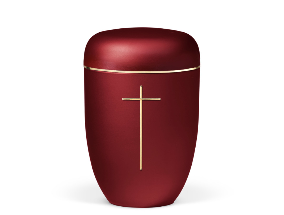 Naturstoffurne, Weinrot Velours, Stripdomekreuz u. Goldband