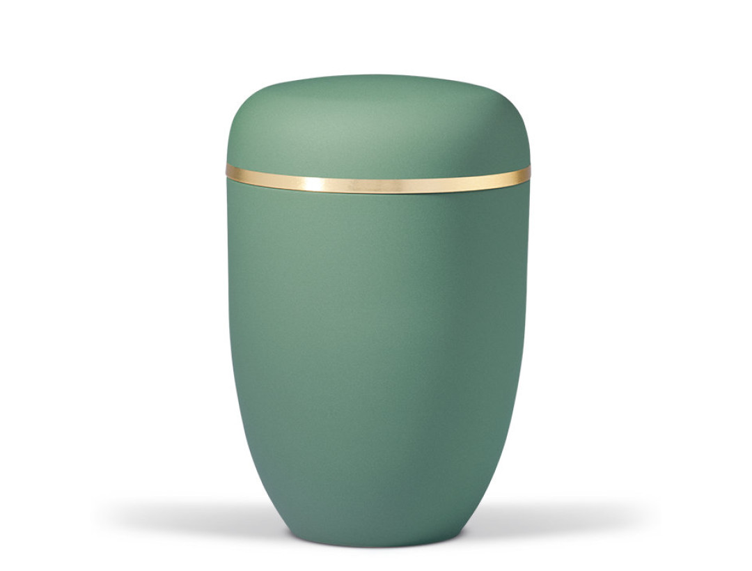 Naturstoffurne, Olivegrün Velours, Goldband gebürstet