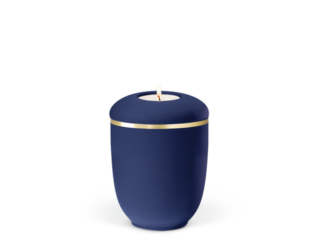 Keramikurne, Saphirblau Vel. Goldband gebürstet Gedenkurne mit Teelicht