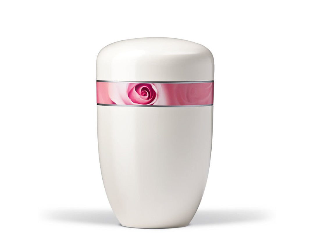 Naturstoffurne, Cremeweiß, Dekorband Motiv: Rosenblüte