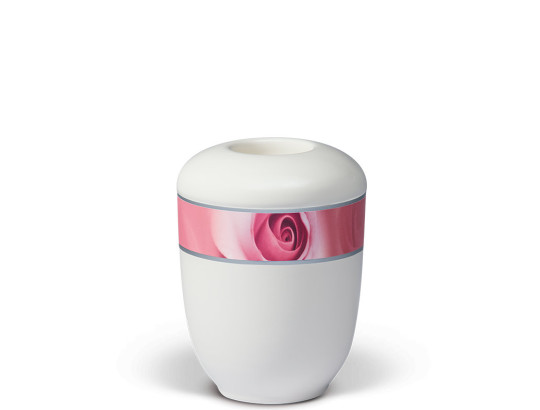 Keramikurne, Cremeweiß, Dekorband Motiv: Rosenblüte MINI mit Teelicht
