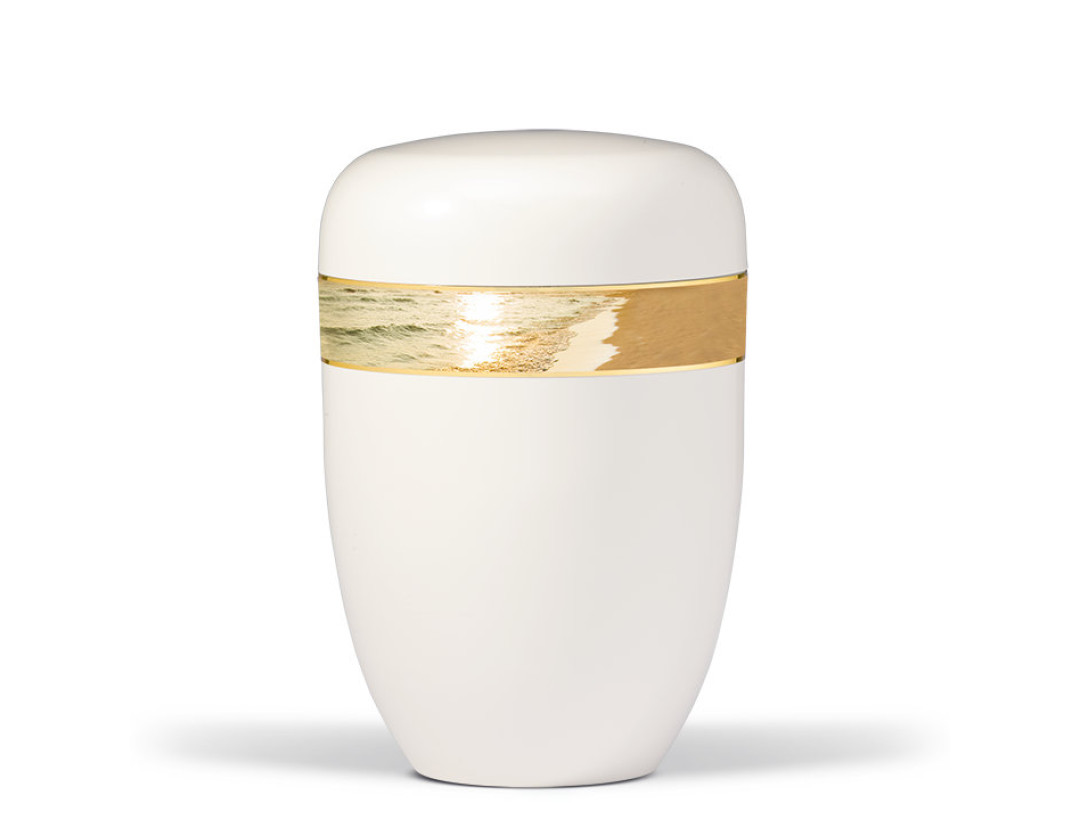 Naturstoffurne, Cremeweiß, Dekorband Motiv: Strand