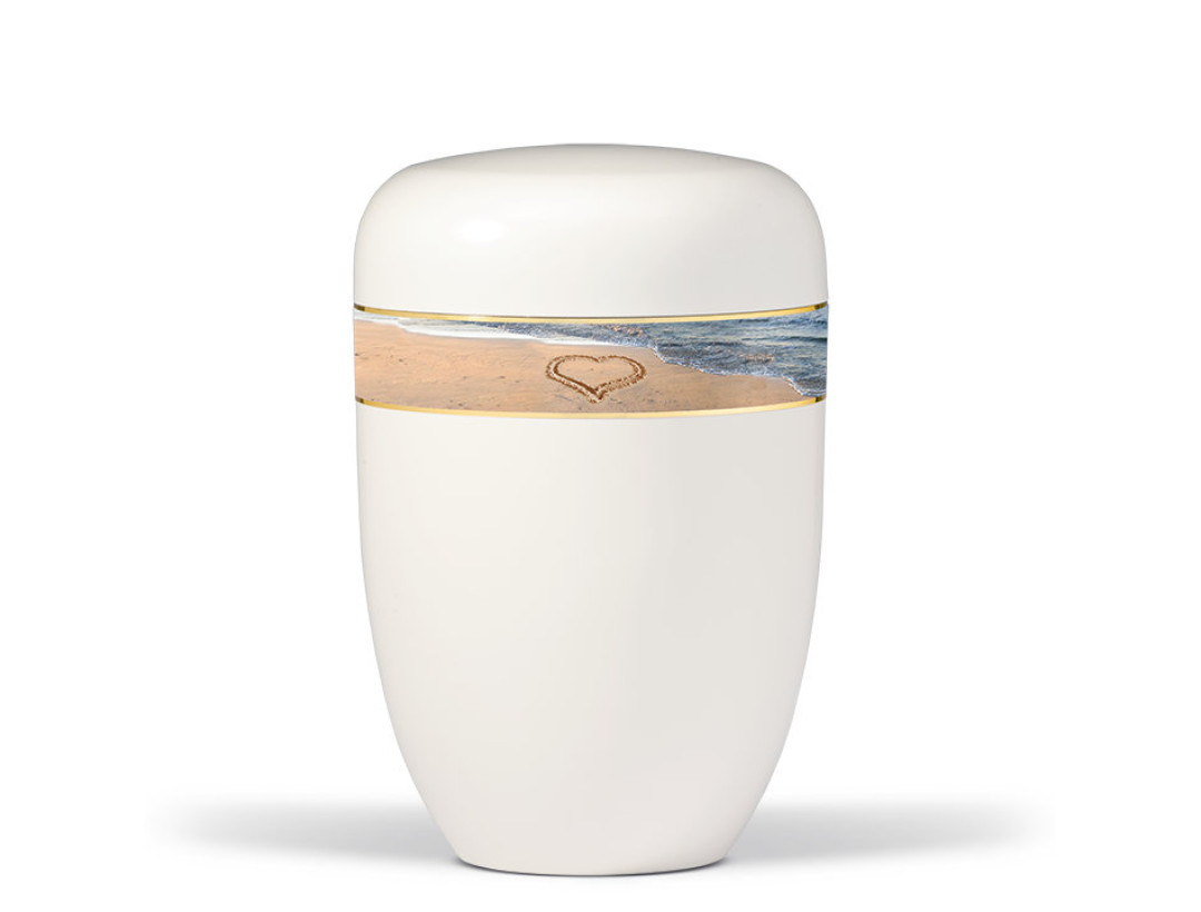 Naturstoffurne, Cremeweiß, Dekorband Motiv: Herz am Strand
