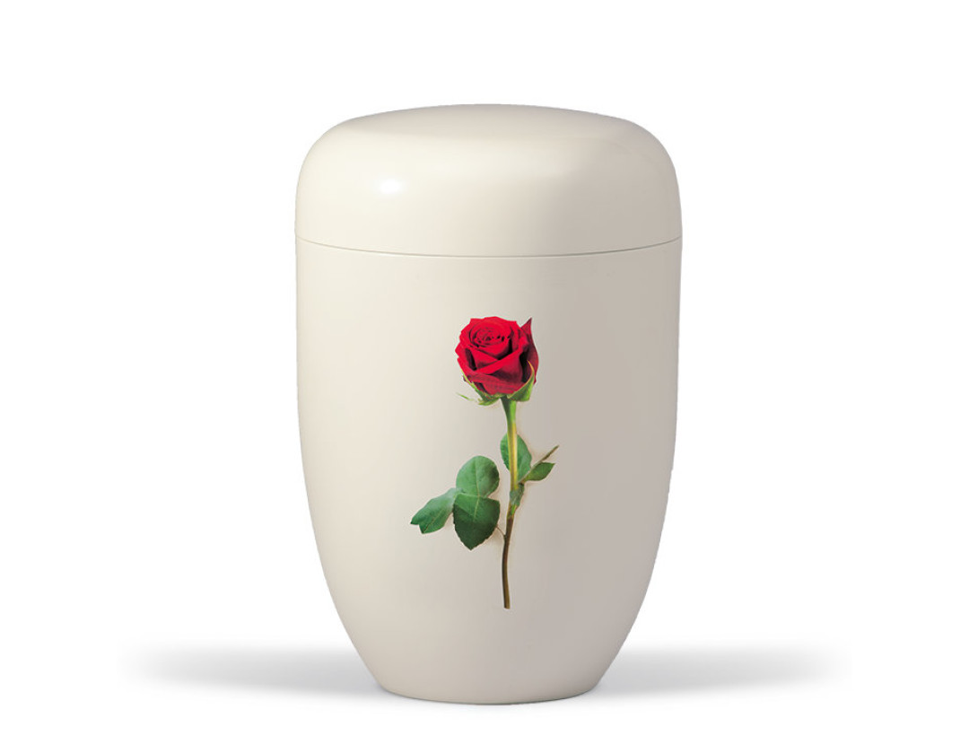 Naturstoffurne, Cremeweiß, Stielrose foliert, Airbrush hinterlegt