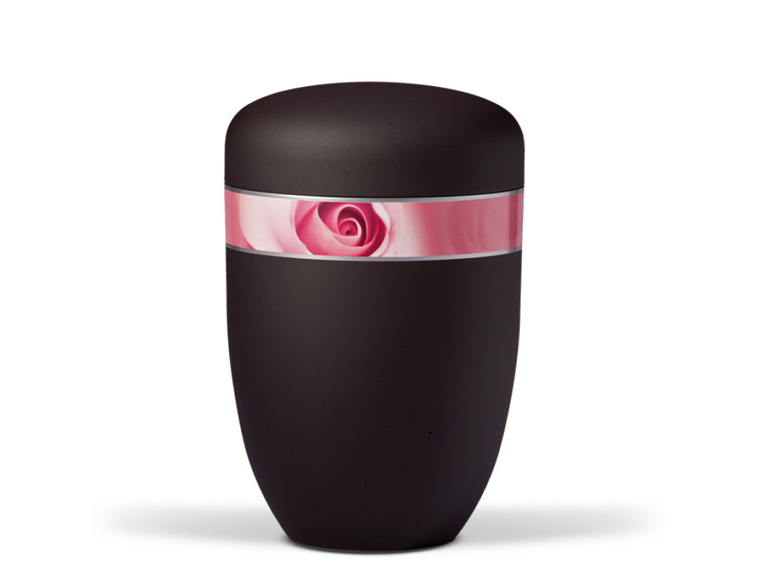 Naturstoffurne, Anthrazit Velours Dekorband Motiv: Rosenblüte
