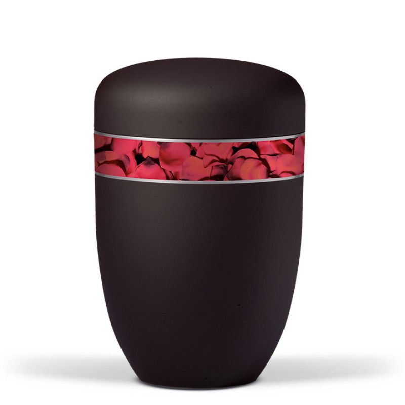 Naturstoffurne in Anthrazit mit mattem Velours-Finish und einem dekorativen Band mit Rosenblättern in Rot, Gesamtansicht.