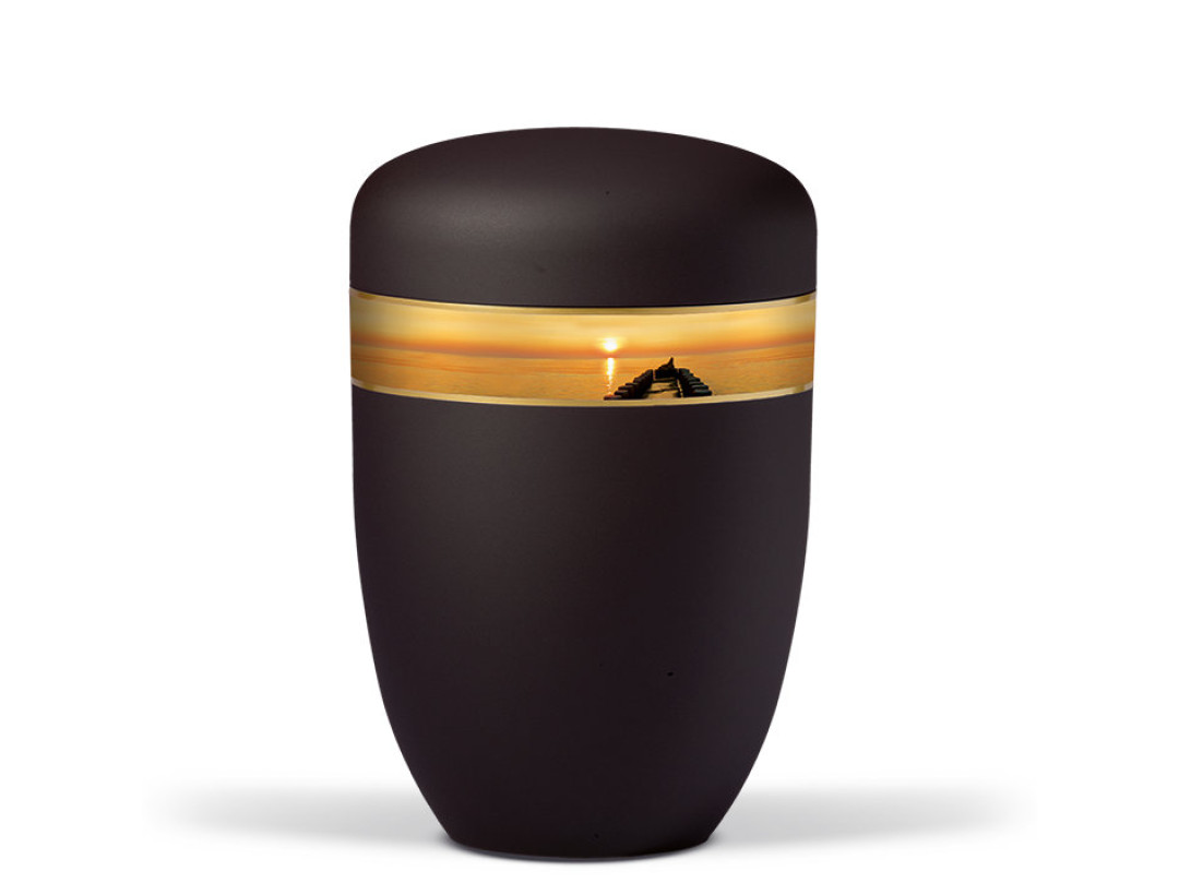 Naturstoffurne, Anthrazit Velours Dekorband Motiv: Sonnenuntergang am Steeg