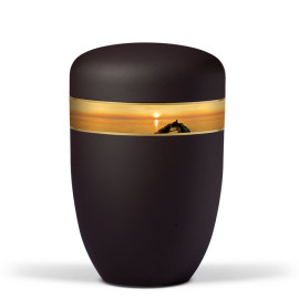 Naturstoffurne, Anthrazit Velours Dekorband Motiv: Sonnenuntergang am Steeg