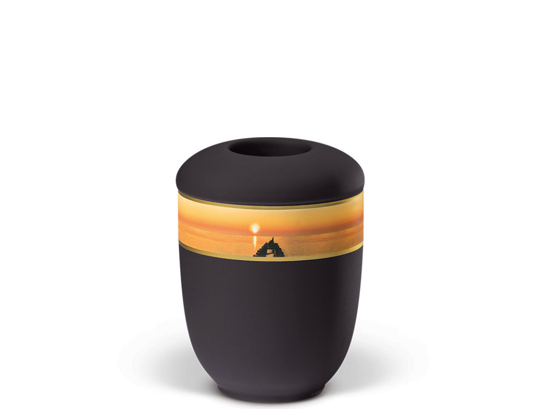 Keramikurne, Anthrazit Veloursour Dekorband Motiv: Sonnenuntergang am Steeg, MINI mit Teelicht