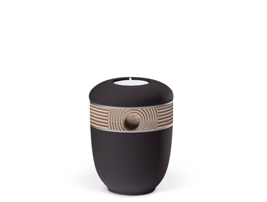 Keramikurne, Anthrazit Velours Dekorband Motiv: Steinrelief Gedenkurne mit Teelicht