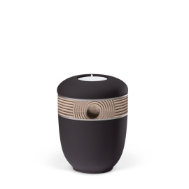 Keramikurne, Anthrazit Velours Dekorband Motiv: Steinrelief Gedenkurne mit Teelicht