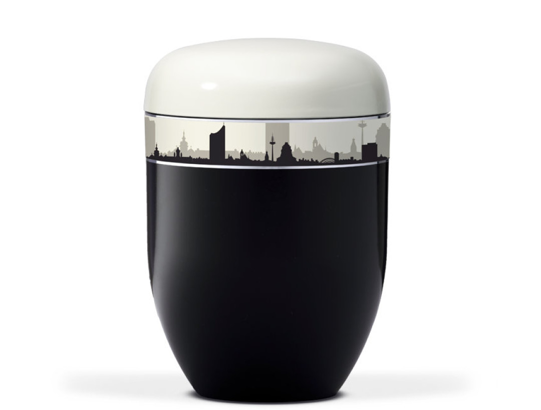 Naturstoff, Korpus Schwarz Deckel Weiß,Dekorband: Skyline LEIPZIG